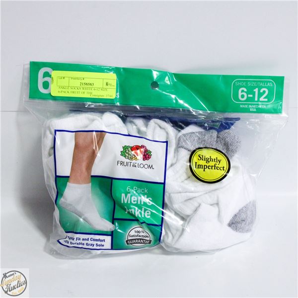 ANKLE SOCKS WHITE 6-12 SIZE 6-PACK FRUIT OF THE LOOM NEW SEALED