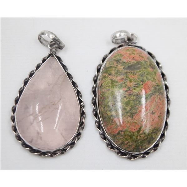 #239 NATURAL UNAKITE & ROSE QUARTZ PENDANT HEALING MINERAL/ UNTREATED/SILVERPLATE /2PCS
