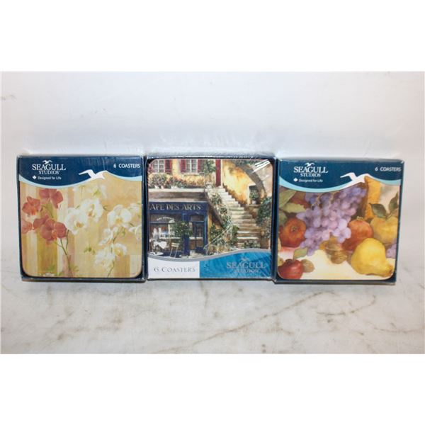 SEALED 3 SET'S SEAGULL STUDIOS COASTERS CAFÉ DES ARTS, BLUM FLOWERS, FALL FRUIT