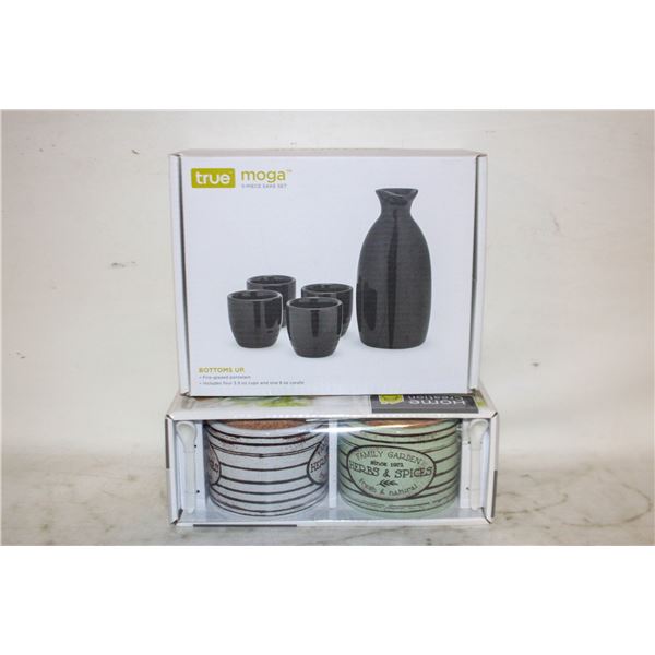 NEW TRUE MUGS CARAFE SET 5-PC SAKE SET W/HOME CREATIONS KITCHEN SALT & PEPPER PINCH POT'S WITH LID