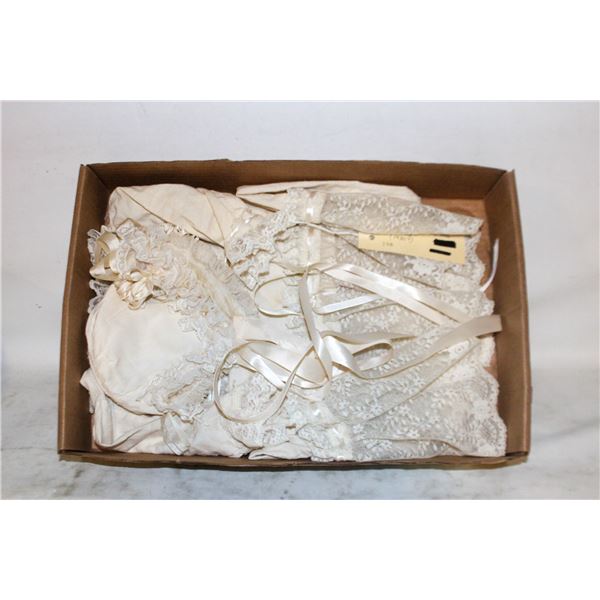 1930'S MADAME ALEXANDER BABY DOLL BAPTISM BONNET & GOWN FABRIC CLOTHING, 30", CREAM, COLLECTORS