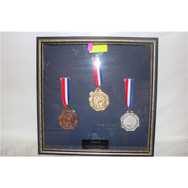 FRAMED 1982 WORD WRESLING CHAMPIONSHIP MEDALS