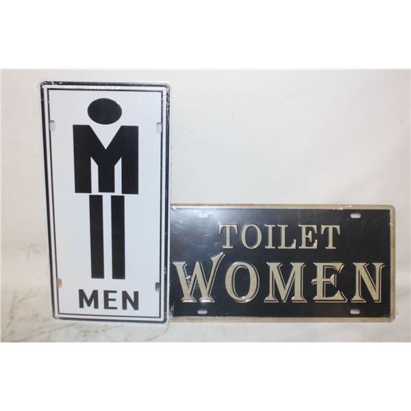 2 BRAND NEW RESTWOOM MENS WOMENS METAL WALL/DOOR SIGNS 6" X 12" EACH