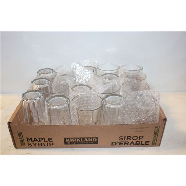 BOX FULL OF DRINKING GLASSES/WIND GLASSS AND COFFEE CUPS