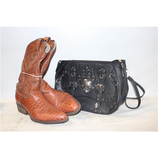LEATHER COWBOY BOOTS SZ 8 WMNS APPROX+PURSE BLACK FAUX LEATHER SKULL PURSE