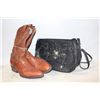 Image 1 : LEATHER COWBOY BOOTS SZ 8 WMNS APPROX+PURSE BLACK FAUX LEATHER SKULL PURSE