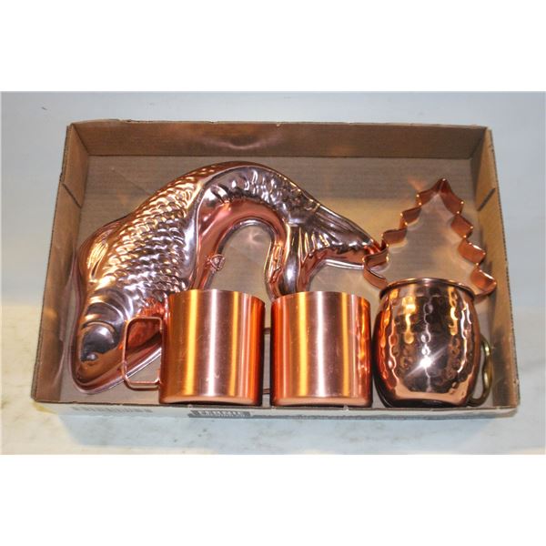 COPPER MUGS, MOLD & COOKIE CUTTER LOT