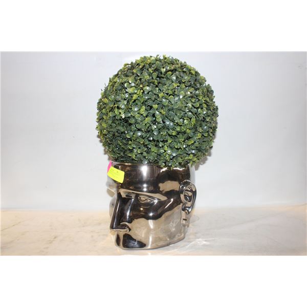 CHROME COLORED PLANTER FACE DÉCOR W/FAKE PLANT