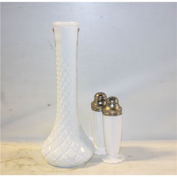 VINTAGE 4" MILK GLASS SALT & PEPPER SHAKERS & 9" MILK GLASS VASE