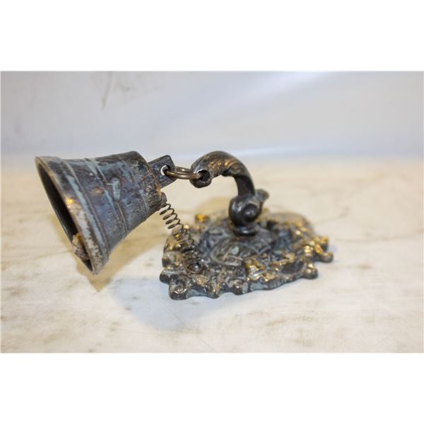 VINTAGE BRASS WALL-MOUNTED SHOPKEEPER'S BELL WITH AGED PATINA, 6"
