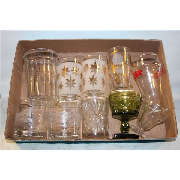 VINTAGE STARBURST HIGHBALL & SHORTBALL GLASSES & COKE COLLECTOR GLASS LOT