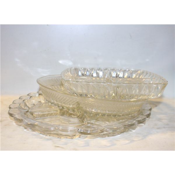 1960'S CRYSTAL GLASS 3 & 4 COMPARTMENT DISHES FOR VEGETABLES, CANDY, NUTS, 3 PIECES