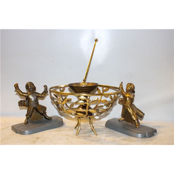 VINTAGE BRASS FOOTED-BOWL STAND, CANDLESTICK, CANDLE SNUFFER, BOOKENDS (1 BASE CRACKED AND MISSING H