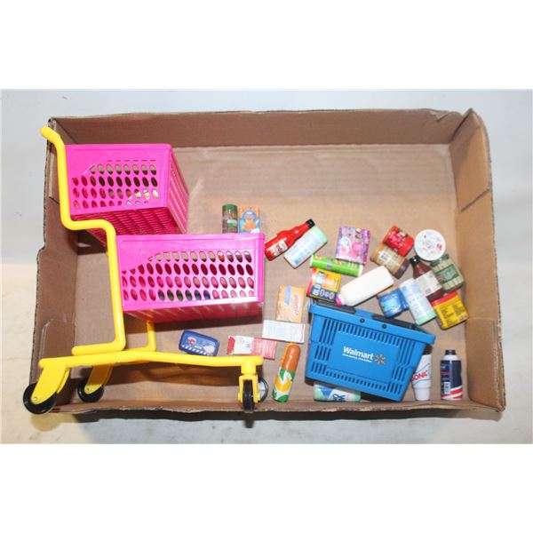 30+ MINATURE PLAYFOOD, SHOPPING BASKET & SHOPPING BUGGY, TOYS