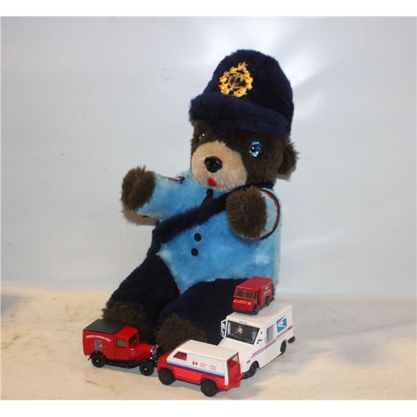 VINTAGE CANADA POST BEAR & CANADA POST DIECAST TRUCKS, COLLECTORS