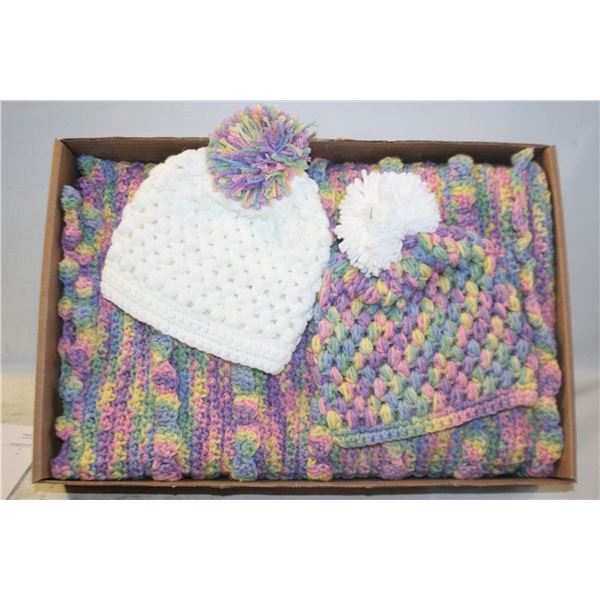 NEW HAND-KNITTED BABY BLANKET 32"X28" AND 2 MATCHING TOUQUES