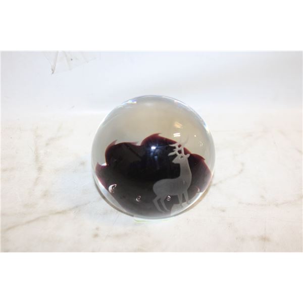 GLASS PAPERWEIGHT WITH DEER ETCHED ON FRONT