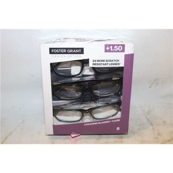 FOSTER GRANT 3 READING GLASSES, 1 CASE, +1.50