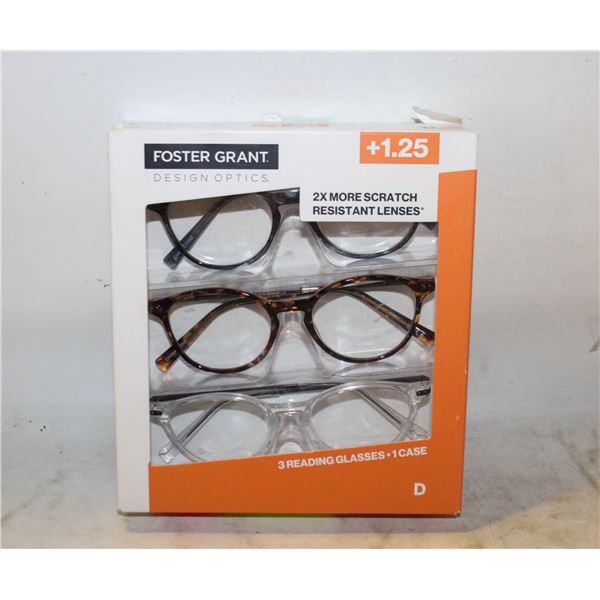 FOSTER GRANT 3 READING GLASSES, 1 CASE, +1.25