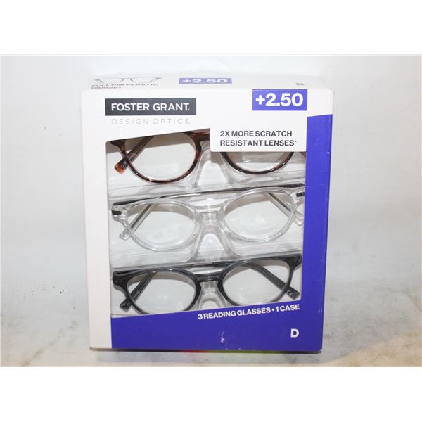 FOSTER GRANT 3 READING GLASSES, 1 CASE, +2.50 LDS
