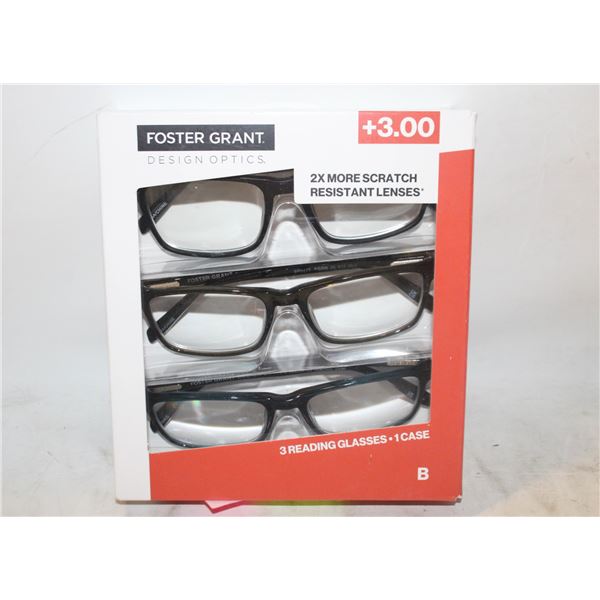 FOSTER GRANT 3 READING GLASSES, 1 CASE, +3.00
