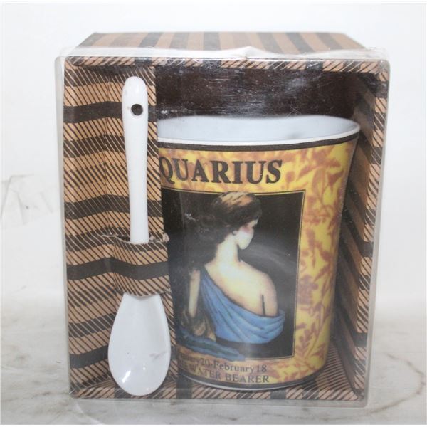 NEW ZODIAC AQUARIUS MUG WITH SPOON