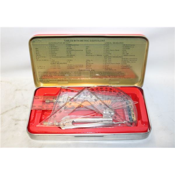 VINTAGE 8 PIECE DELUXE MATH SET IN TIN