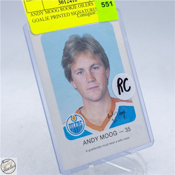 ANDY MOOG ROOKIE OILERS GOALIE PRINTED SIGNATURES