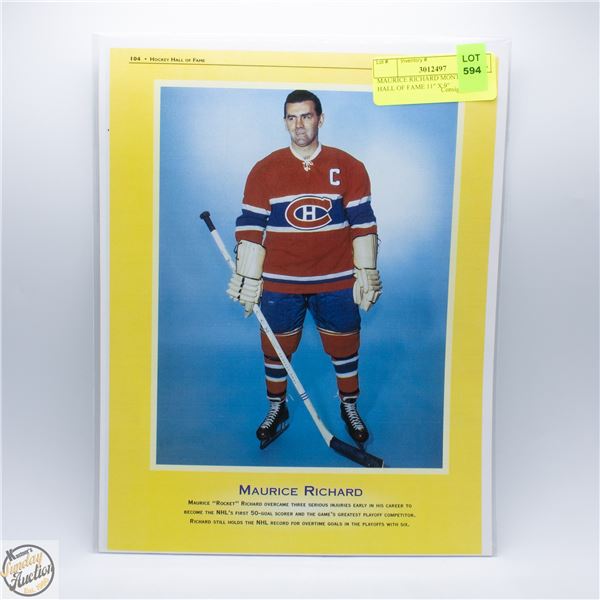 MAURICE RICHARD MONTREAL HALL OF FAME 11" X 9"