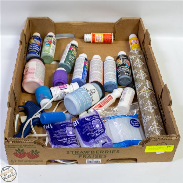 FLAT FULL OF ACRYLIC PAINTS, GLUE GUN AND