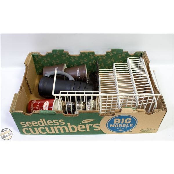 BOX WITH TWO 3-TIER SPICE RACKS, CAST IRON