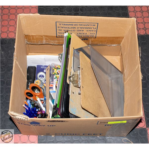 BOX FULL OF OFFICE SUPPLIES INCL LEATHER