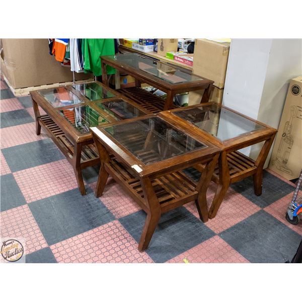 4PC WOOD AND GLASS COFFEE TABLE SET