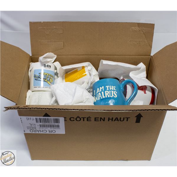 BOX FILLED W/ESTATE MUGS/DISHES ASSORTED