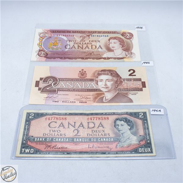 LOT OF 3 - 1954, 1974 AND 1986 2 DOLLAR BILLS