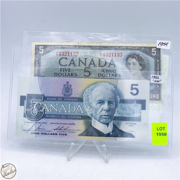 LOT OF 2 - 1954 AND 1986 FIVE DOLLAR BILLS