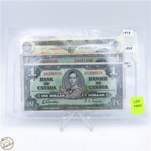 LOT OF 3 - 1937, 1954 AND 1973 ONE DOLLAR BILLS
