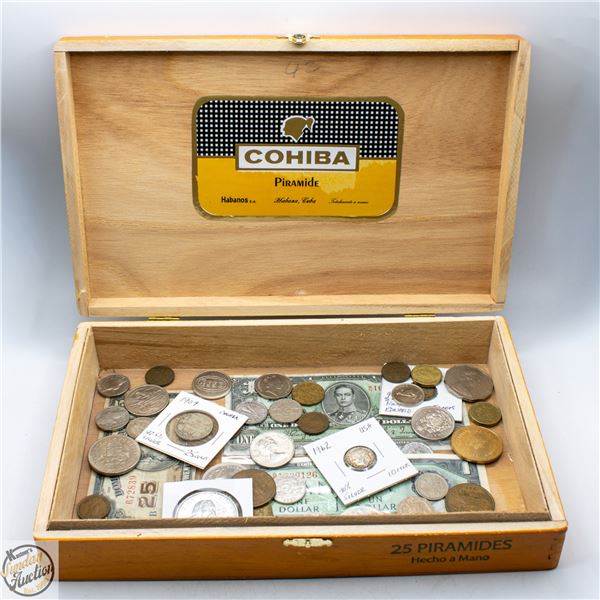CIGAR BOX WITH ASSORTMENT OF COINS AND CURRENCY