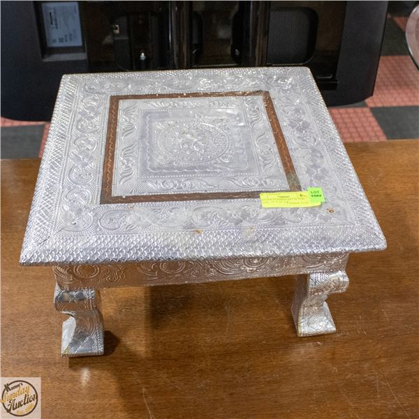 VINTAGE STAMPED METAL FOIL STOOL- 15" X 15" X 8"