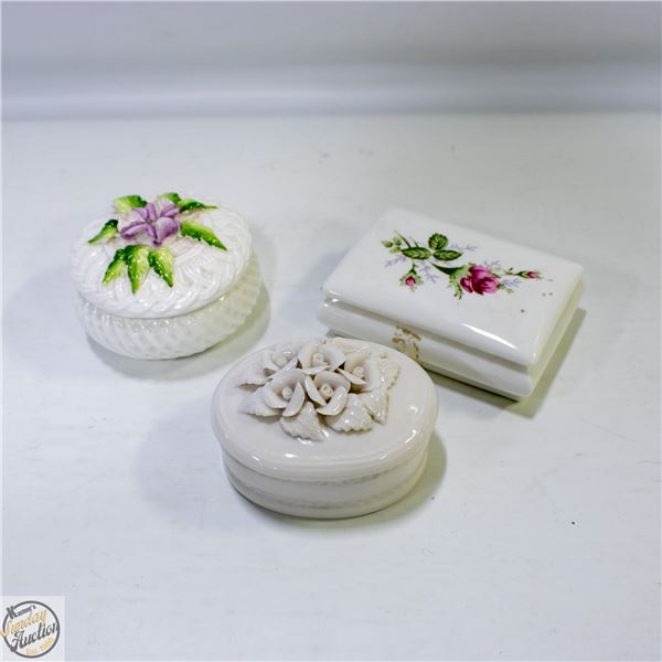 3 BONE CHINA LIDDED TRINKET DISHES