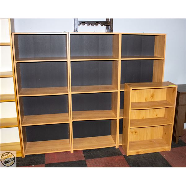 BOOK SHELVES- LOT OF 4- ASSORTED SIZES