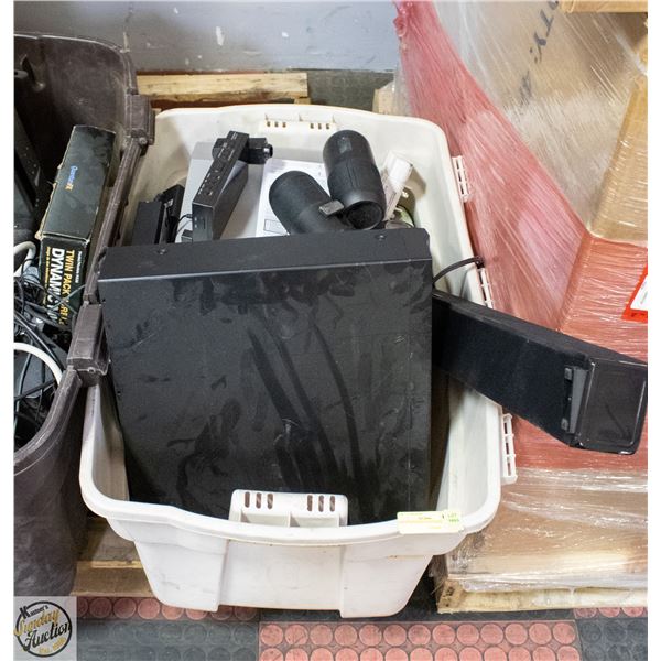 BIN OF ASSORTED SPEAKERS + ELECTRONICS