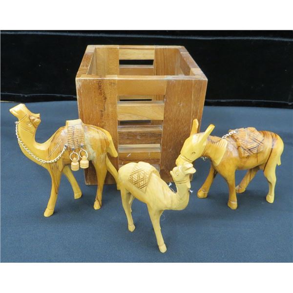 Wooden Hand Carved Camels & Donkey With Wooden 6" x 6" Crate