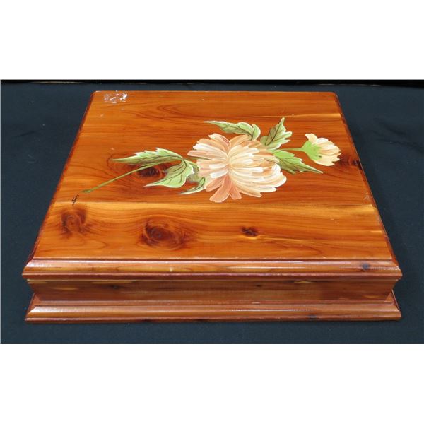 Wooden Keepsake Box 10" x 11" With Hand Painted Floral on top & Games inside