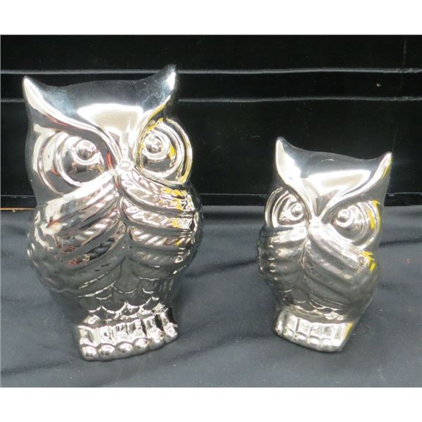2 Decorative Silver Ceramic Owls 7" & 9" Tall