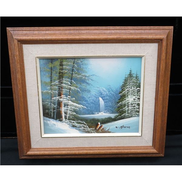 Vintage Original Winter Landscape Scene Framed Oil Painting 13" x 15"