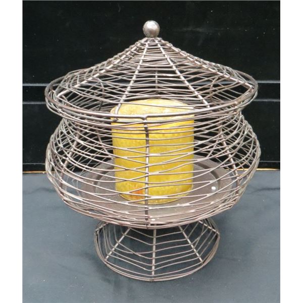 Vintage Partylite Black Wire Pedestal Basket With Lid & Unused Candle 12" Tall x 10" Wide
