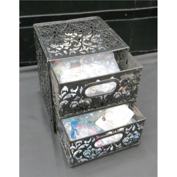 2 Drawer Metal Organizer 8" tall x 6.5" wide With Crafting Glass Pebbles and Acrylic Ice rocks