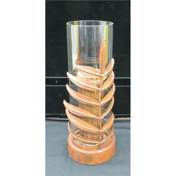 Metal Leaf & Glass Candle Holder 15" Tall With Unused Candle