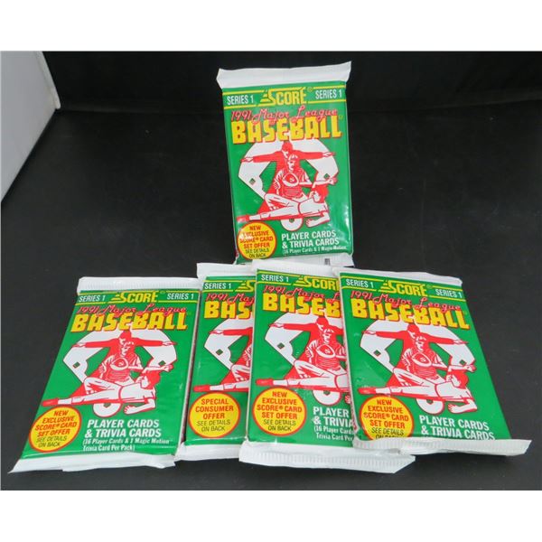 5 Sealed Packs of 1991 Score Baseball 16 Cards Per Pack